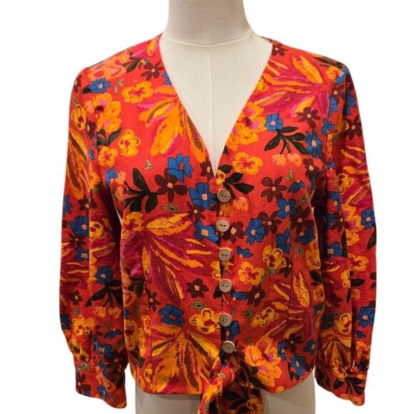 Maison d' Amelie Anthropologie Linen Blend Colorful Floral Crop Tie Hem Top XS - Picture 1 of 11